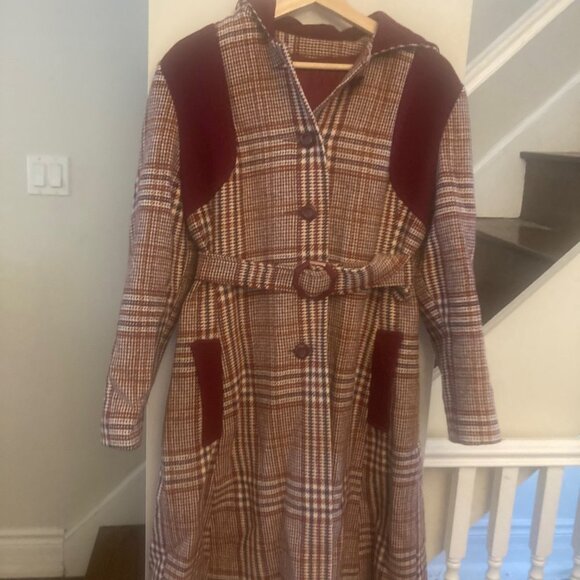 Repro Jackets & Blazers - COPY - Retro Maroon Plaid Belted Wool Coat
